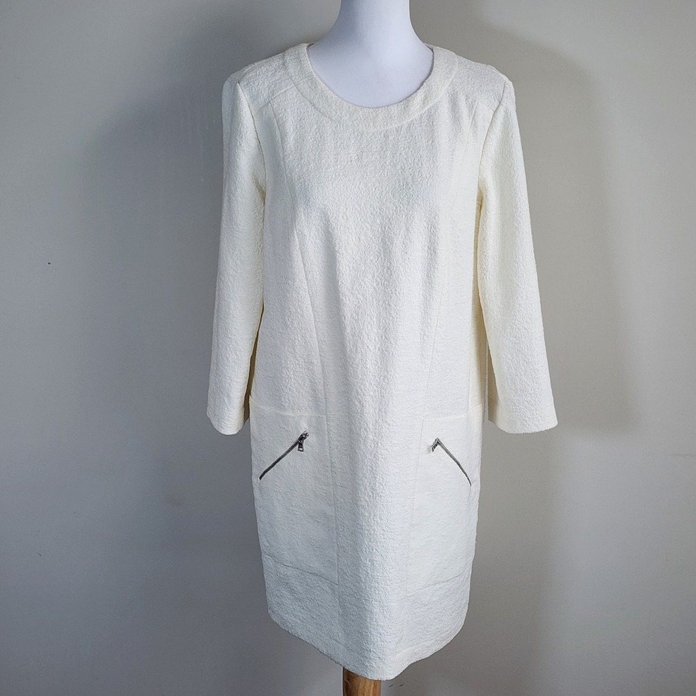 BCBG Lexia Dress Womens Medium Off White Boucle Zip Pocket Shift Event Formal